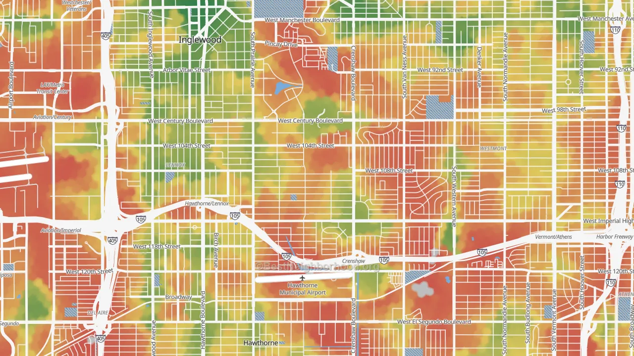 Walk Grade map of 90303, CA, walkable areas in green and car-dependent areas in red
