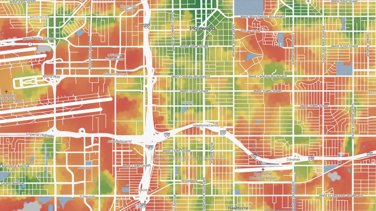 Walk Grade map of 90304, CA, walkable areas in green and car-dependent areas in red