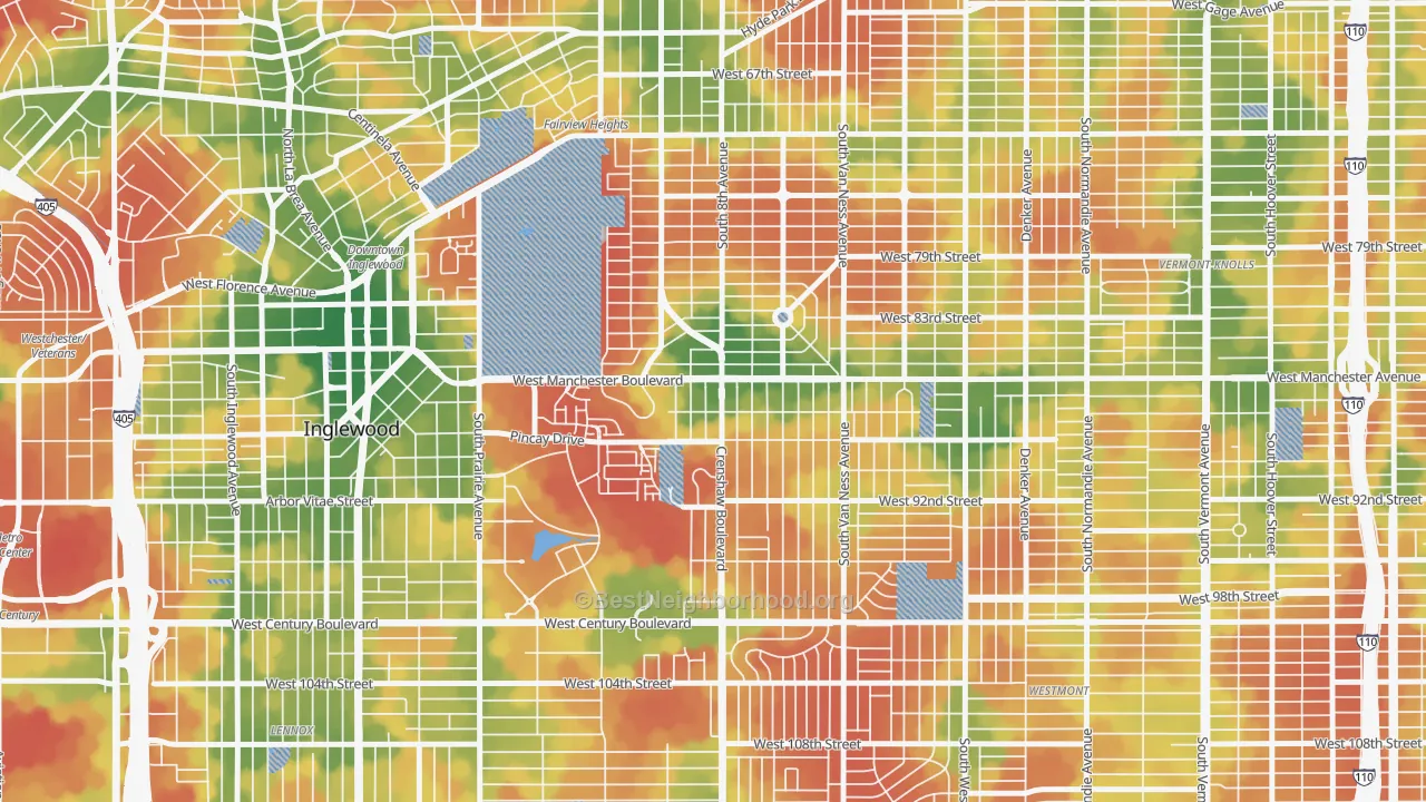 Walk Grade map of 90305, CA, walkable areas in green and car-dependent areas in red