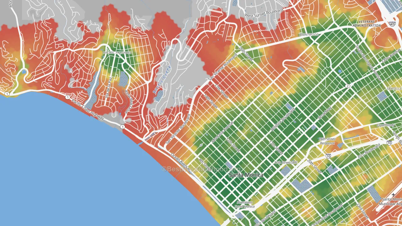 Walk Grade map of 90402, CA, walkable areas in green and car-dependent areas in red