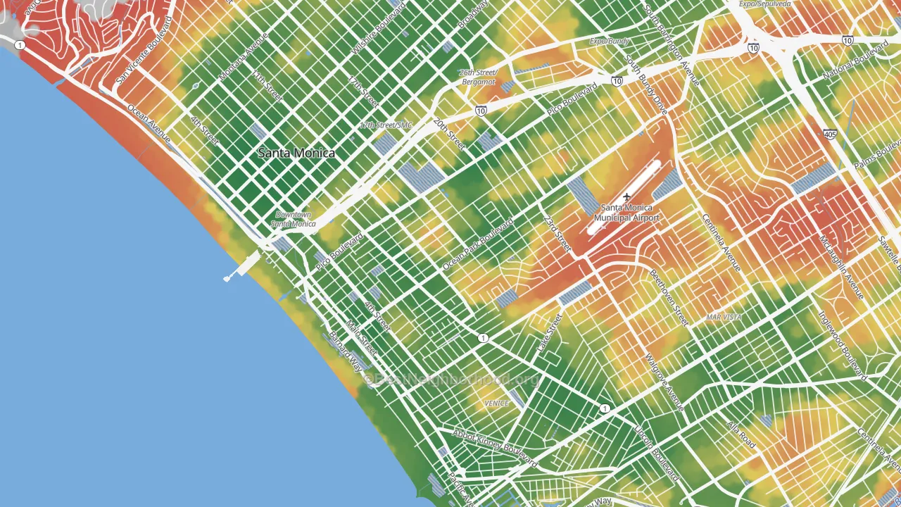 Walk Grade map of 90405, CA, walkable areas in green and car-dependent areas in red