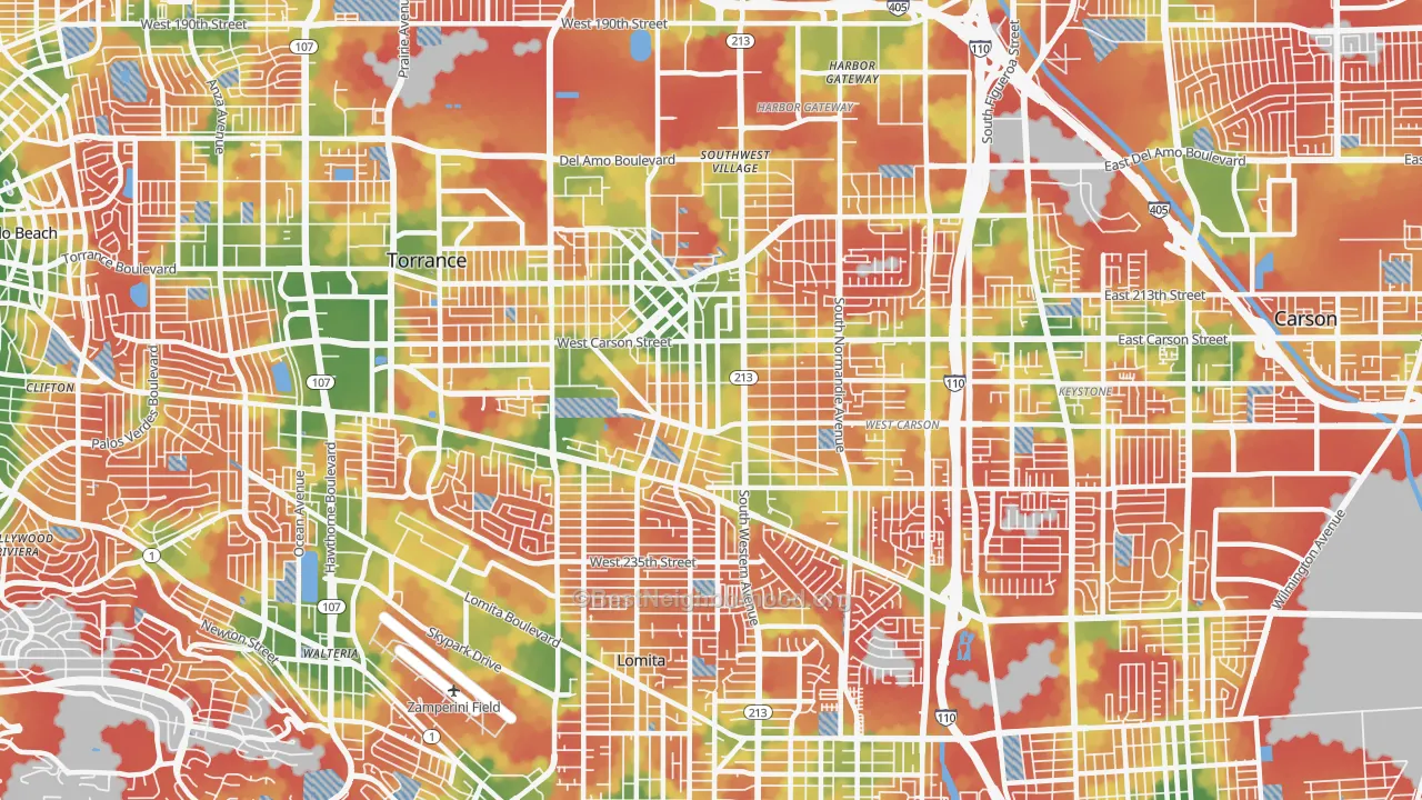 Walk Grade map of 90501, CA, walkable areas in green and car-dependent areas in red