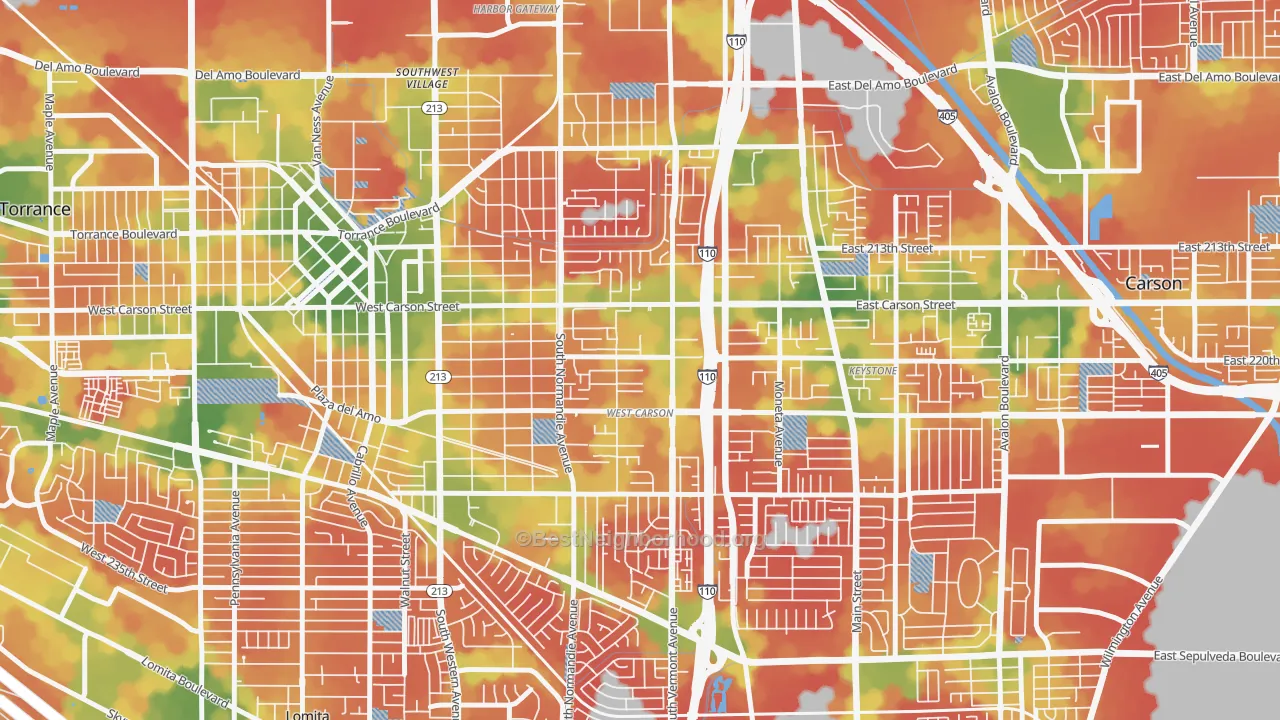 Walk Grade map of 90502, CA, walkable areas in green and car-dependent areas in red