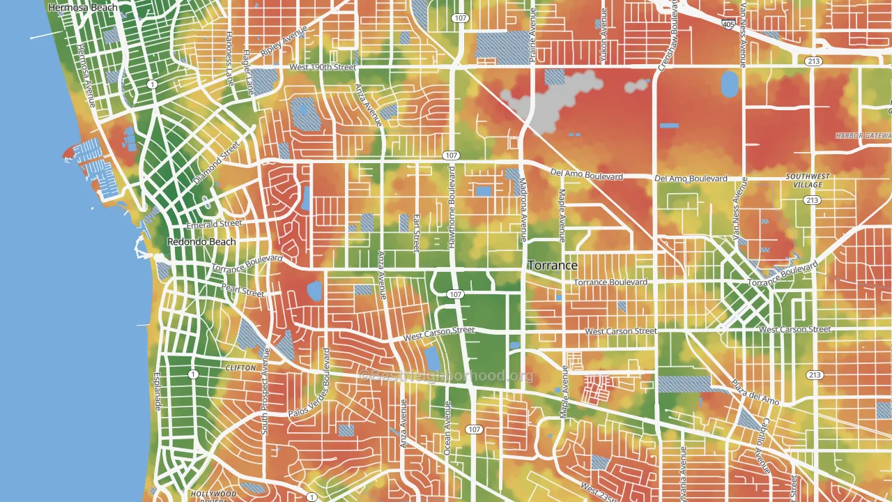 Walk Grade map of 90503, CA, walkable areas in green and car-dependent areas in red