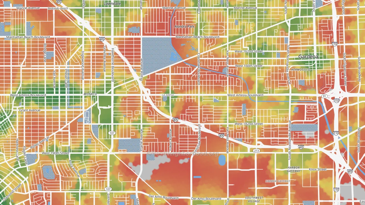 Walk Grade map of 90504, CA, walkable areas in green and car-dependent areas in red