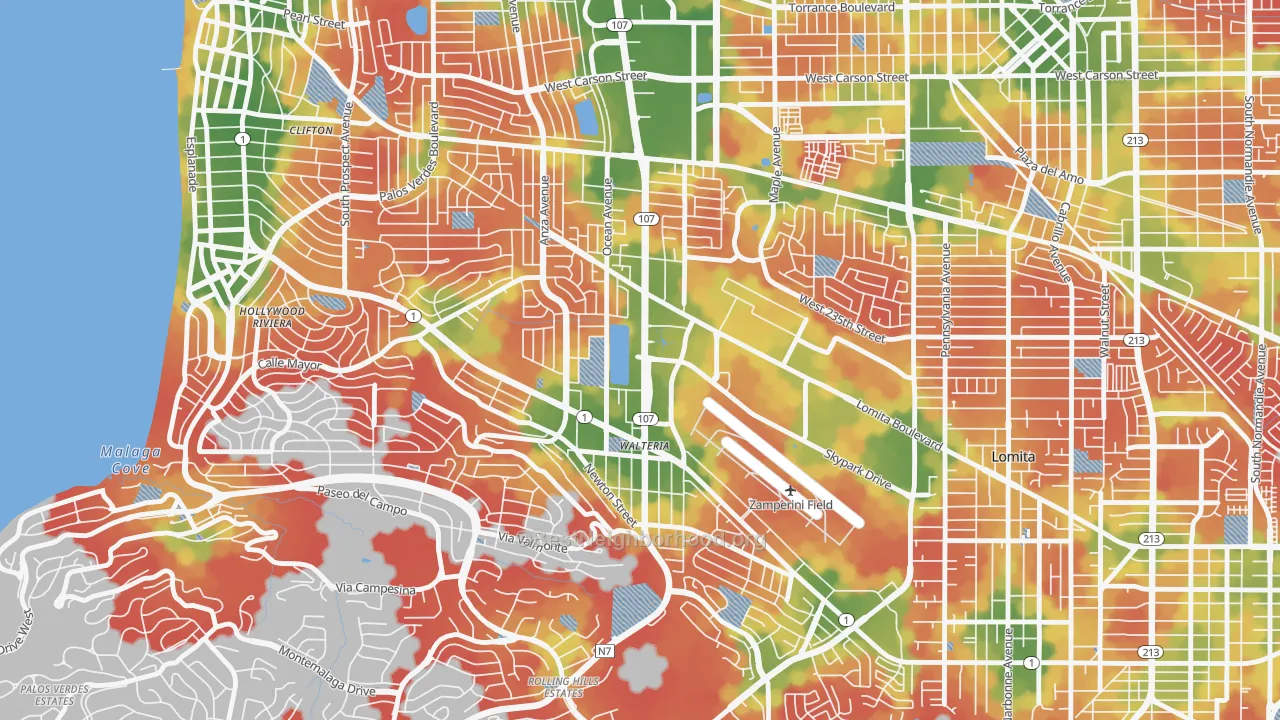 Walk Grade map of 90505, CA, walkable areas in green and car-dependent areas in red