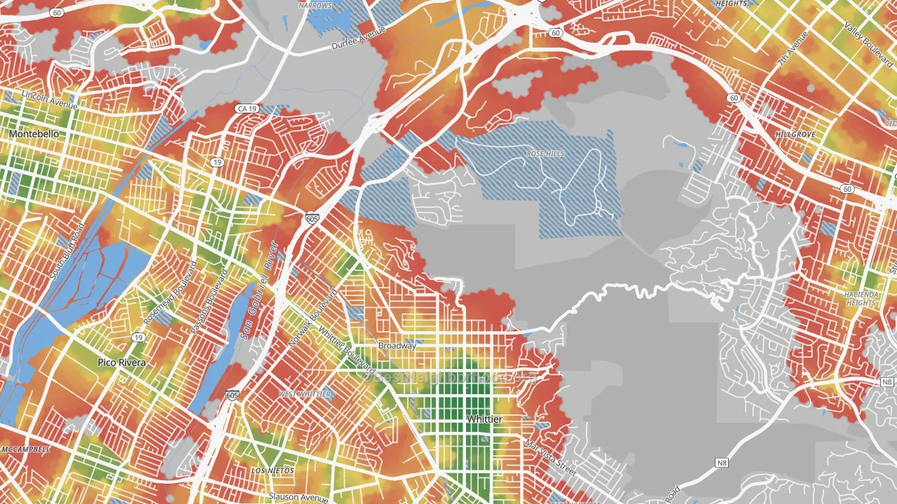 Walk Grade map of 90601, CA, walkable areas in green and car-dependent areas in red