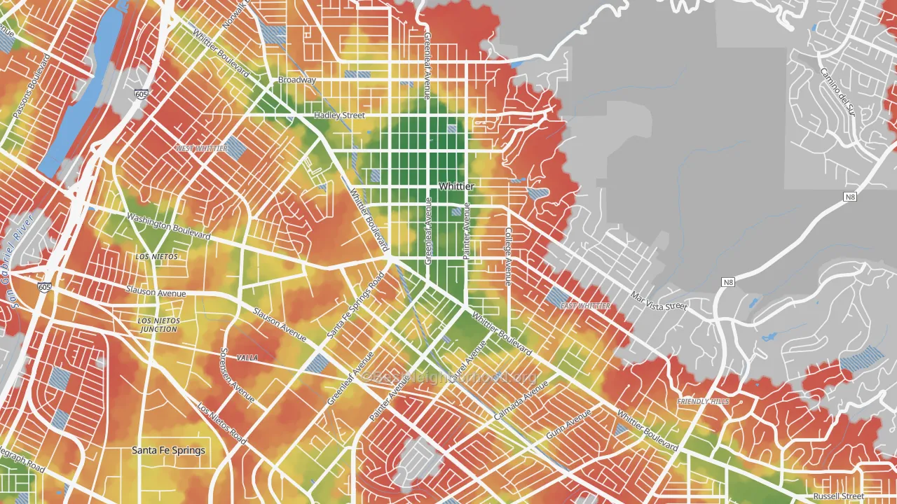 Walk Grade map of 90602, CA, walkable areas in green and car-dependent areas in red