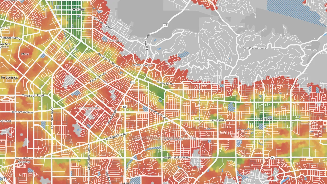 Walk Grade map of 90603, CA, walkable areas in green and car-dependent areas in red