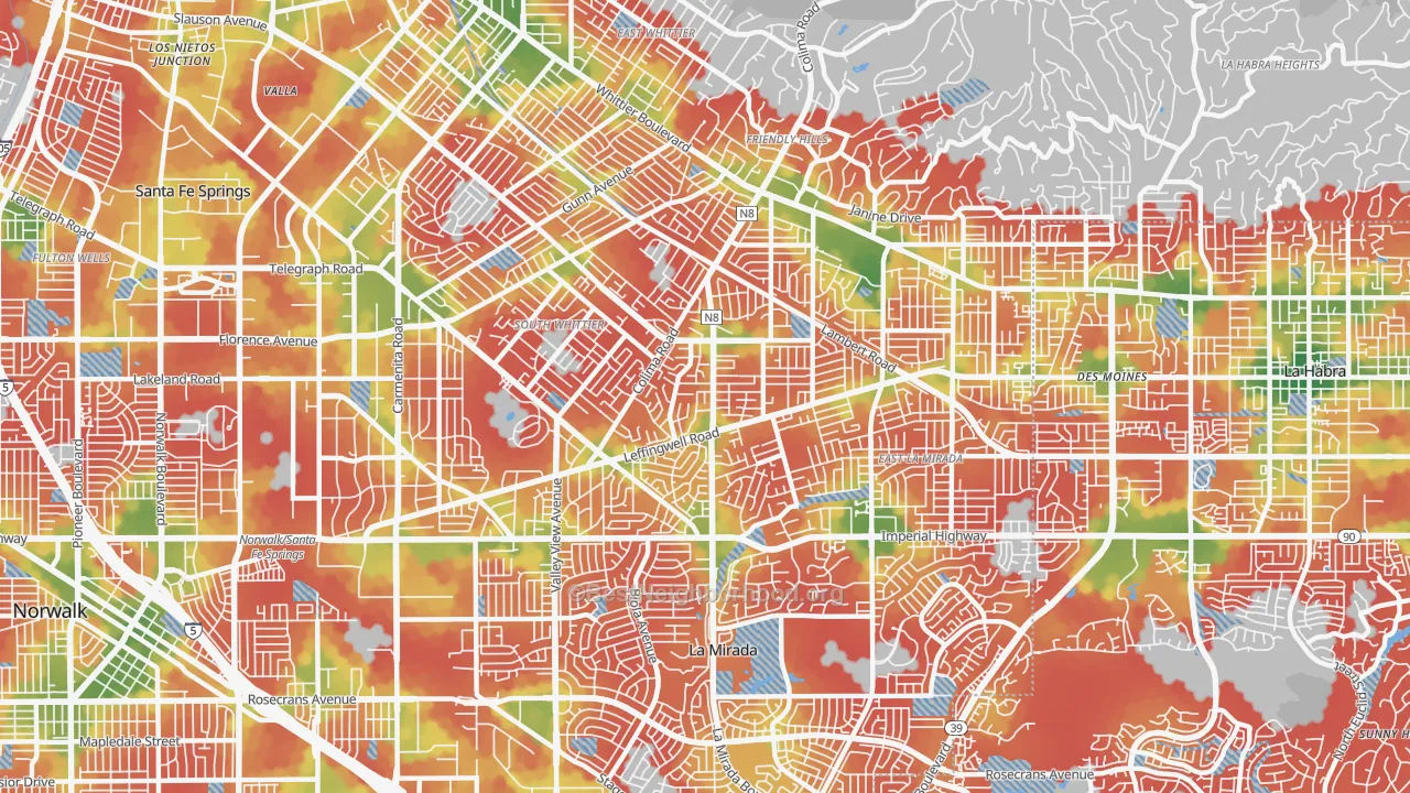 Walk Grade map of 90604, CA, walkable areas in green and car-dependent areas in red
