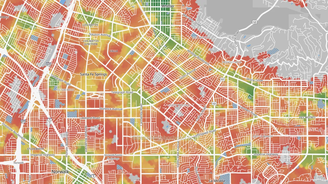 Walk Grade map of 90605, CA, walkable areas in green and car-dependent areas in red
