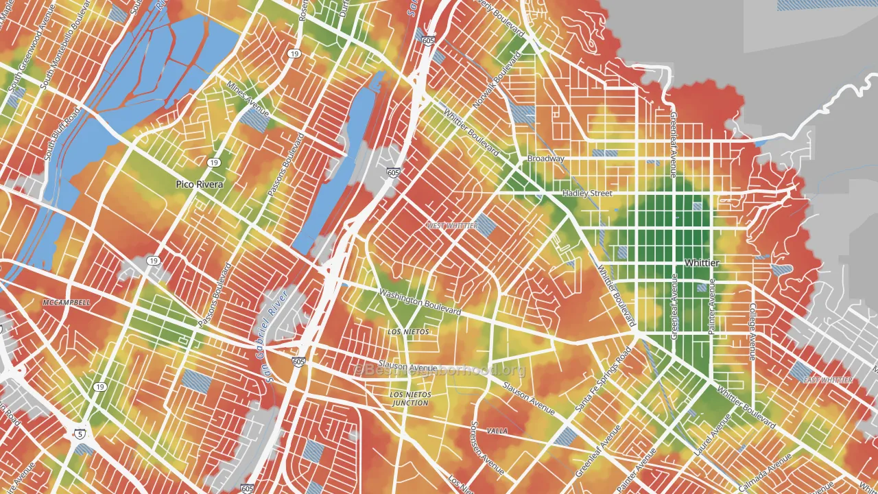 Walk Grade map of 90606, CA, walkable areas in green and car-dependent areas in red
