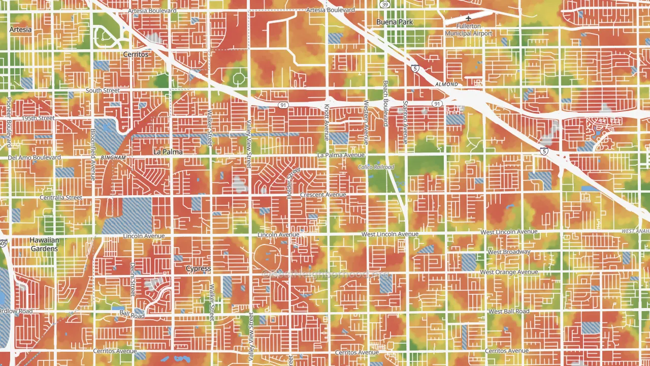Walk Grade map of 90620, CA, walkable areas in green and car-dependent areas in red