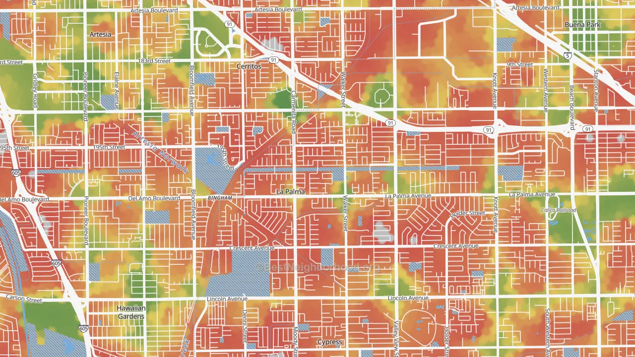 Walk Grade map of 90623, CA, walkable areas in green and car-dependent areas in red