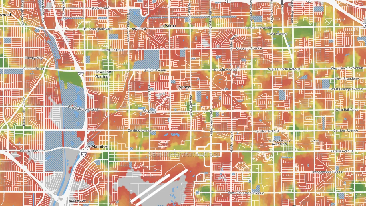 Walk Grade map of 90630, CA, walkable areas in green and car-dependent areas in red