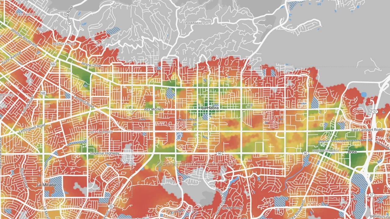 Walk Grade map of 90631, CA, walkable areas in green and car-dependent areas in red