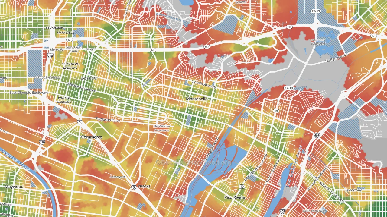 Walk Grade map of 90640, CA, walkable areas in green and car-dependent areas in red