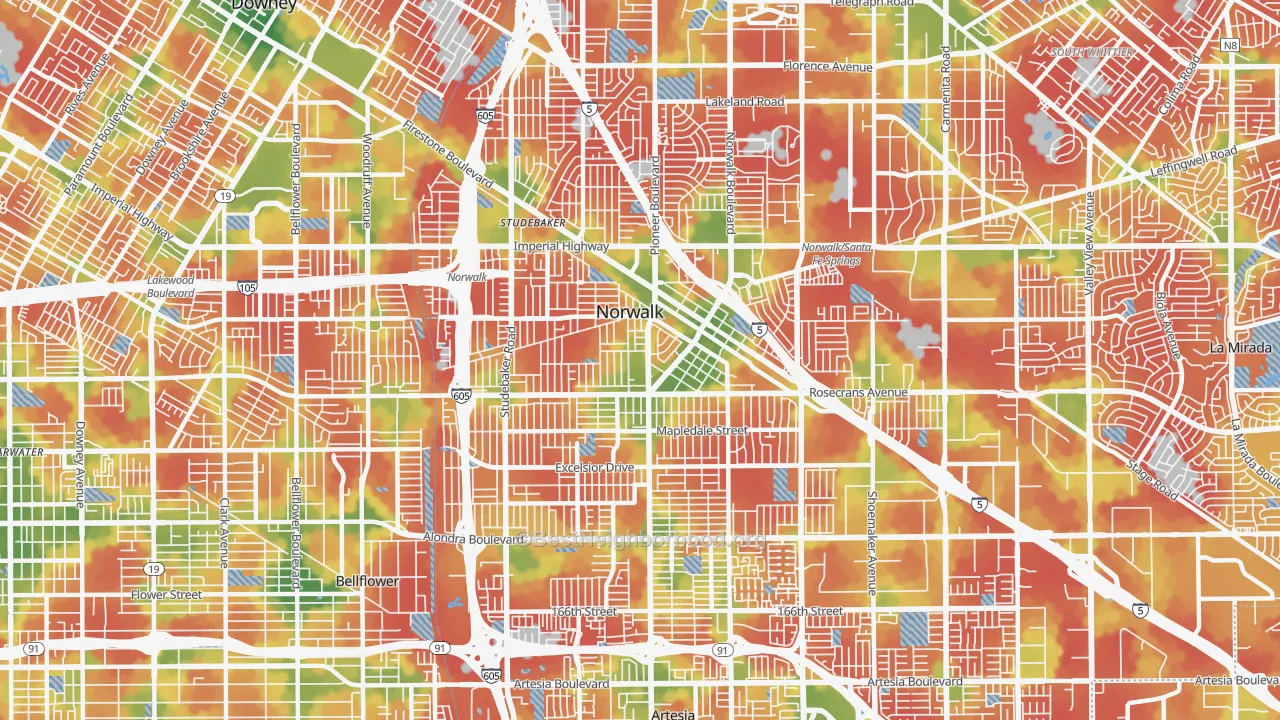 Walk Grade map of 90650, CA, walkable areas in green and car-dependent areas in red