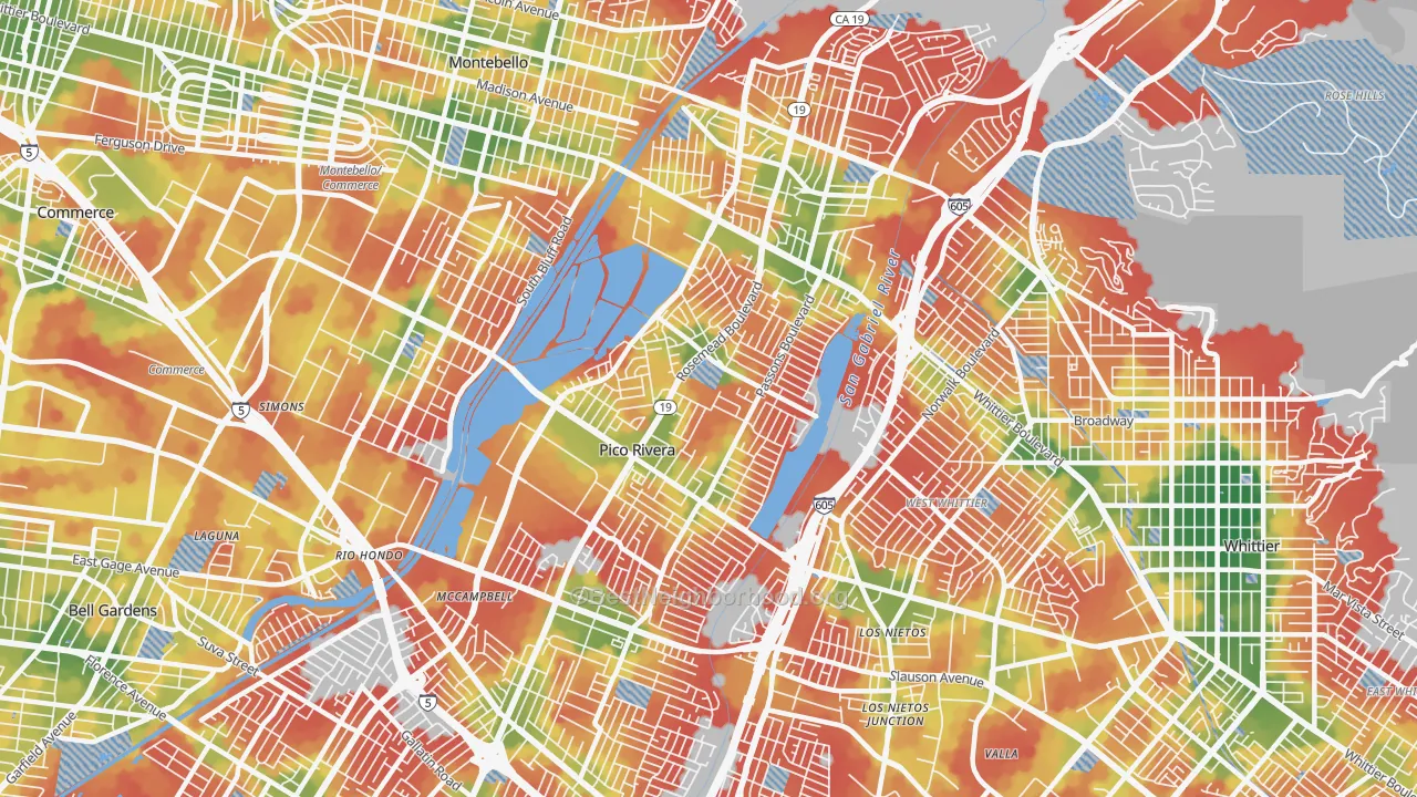 Walk Grade map of 90660, CA, walkable areas in green and car-dependent areas in red