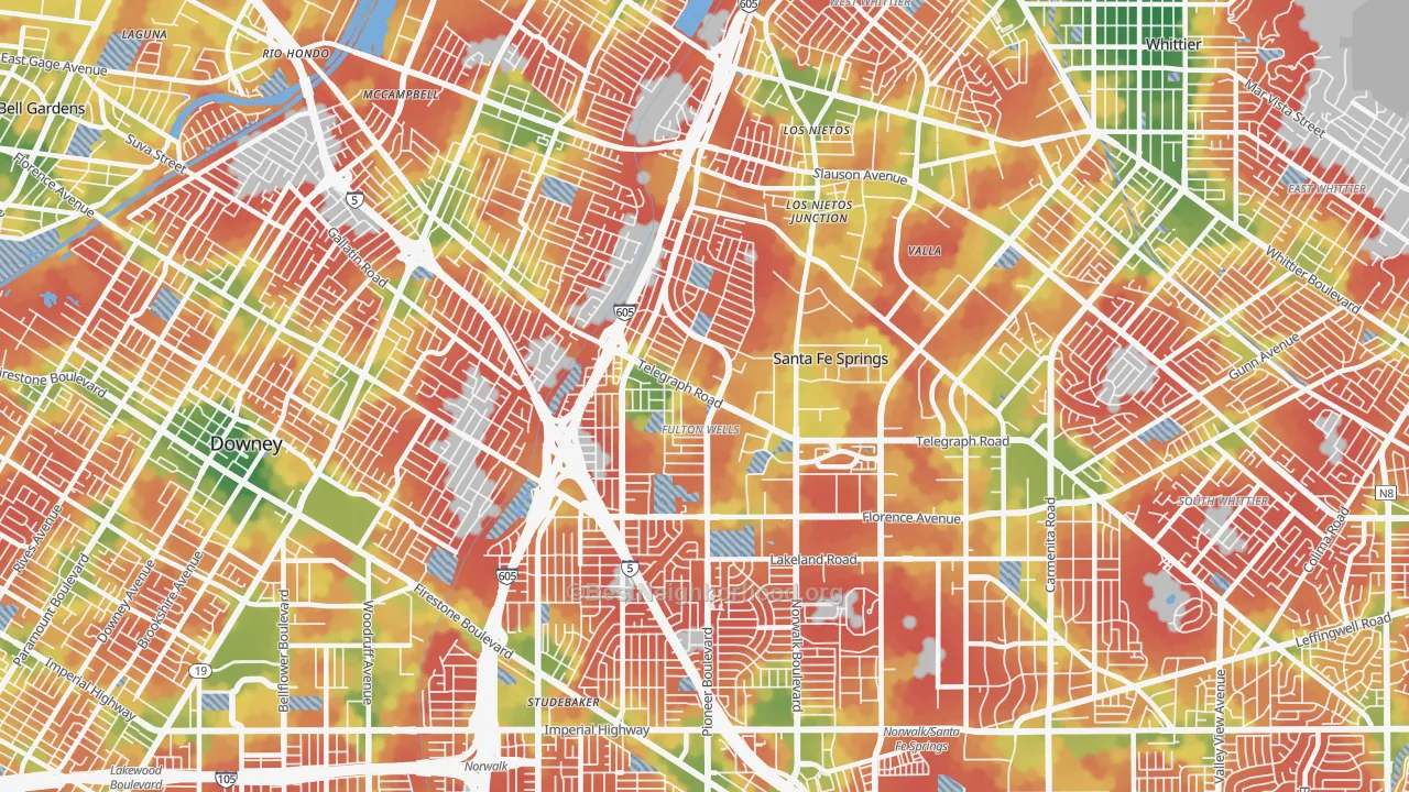 Walk Grade map of 90670, CA, walkable areas in green and car-dependent areas in red