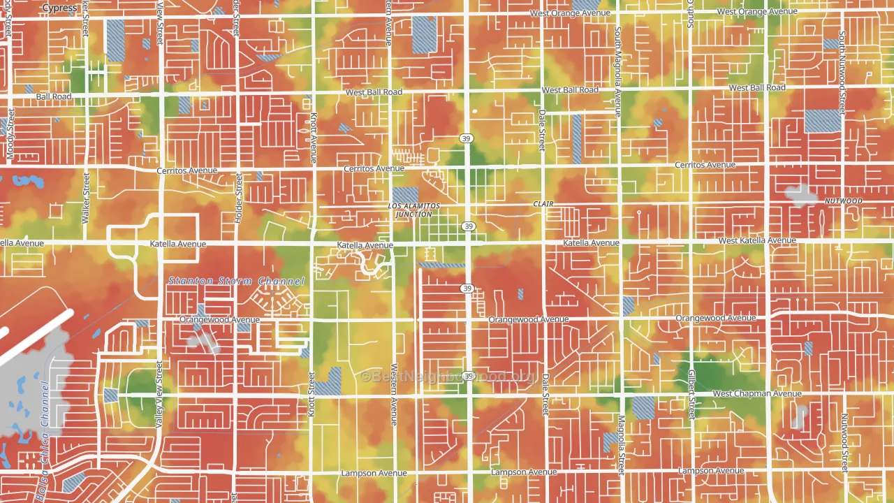 Walk Grade map of 90680, CA, walkable areas in green and car-dependent areas in red