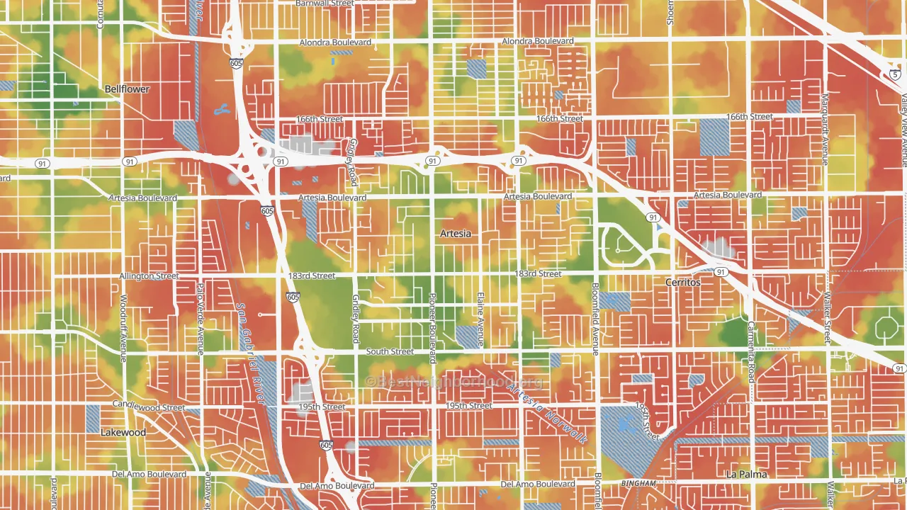 Walk Grade map of 90701, CA, walkable areas in green and car-dependent areas in red