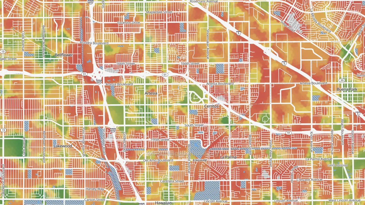 Walk Grade map of 90703, CA, walkable areas in green and car-dependent areas in red