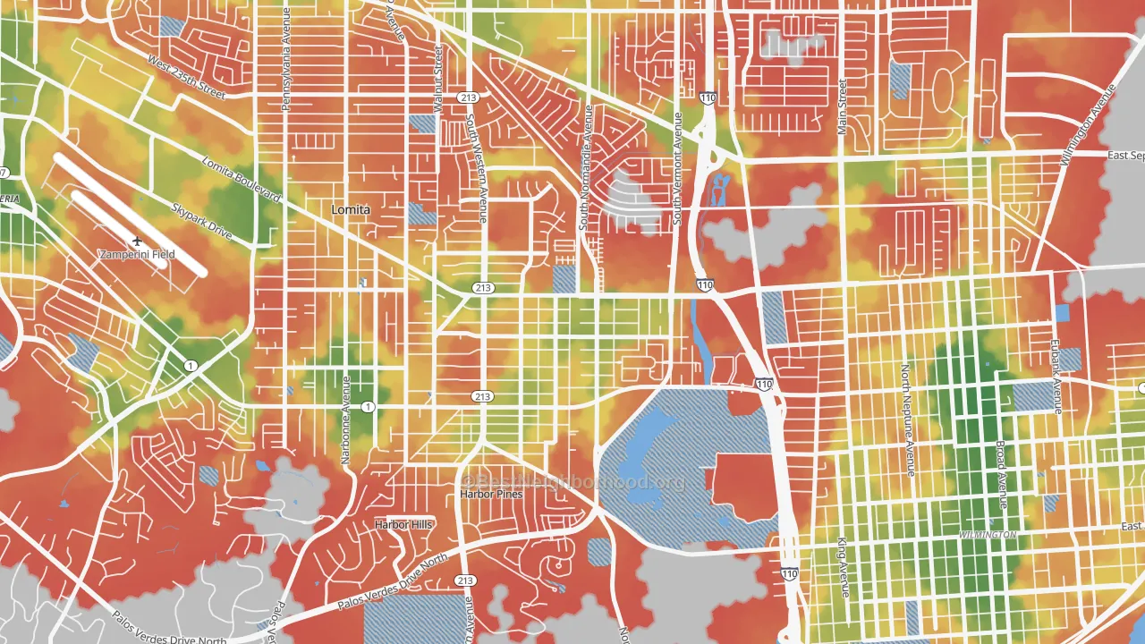 Walk Grade map of 90710, CA, walkable areas in green and car-dependent areas in red