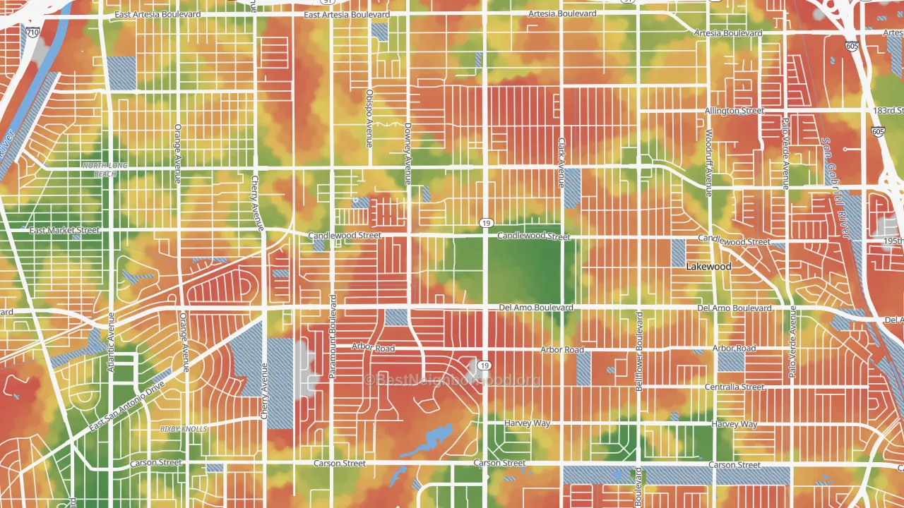 Walk Grade map of 90712, CA, walkable areas in green and car-dependent areas in red