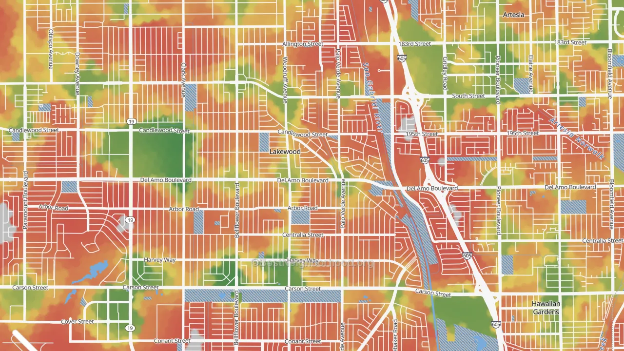 Walk Grade map of 90713, CA, walkable areas in green and car-dependent areas in red