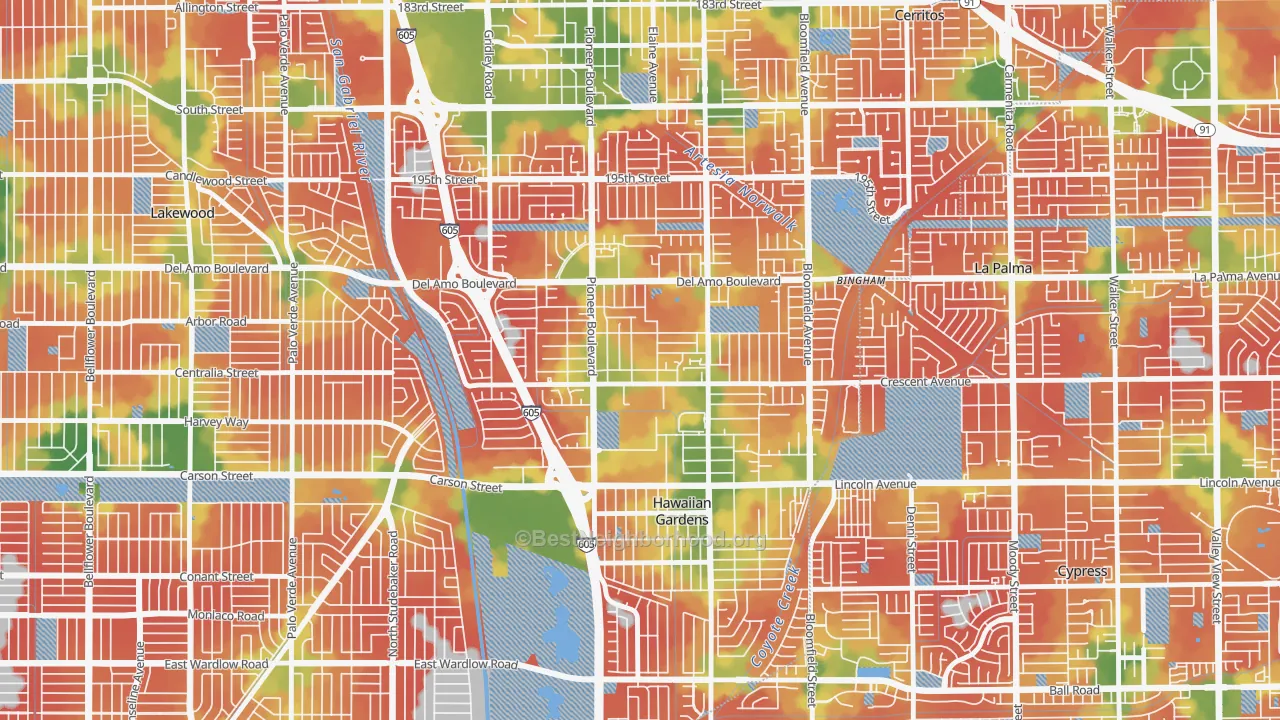 Walk Grade map of 90715, CA, walkable areas in green and car-dependent areas in red