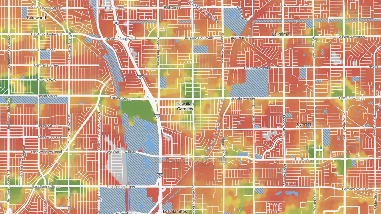Walk Grade map of 90716, CA, walkable areas in green and car-dependent areas in red