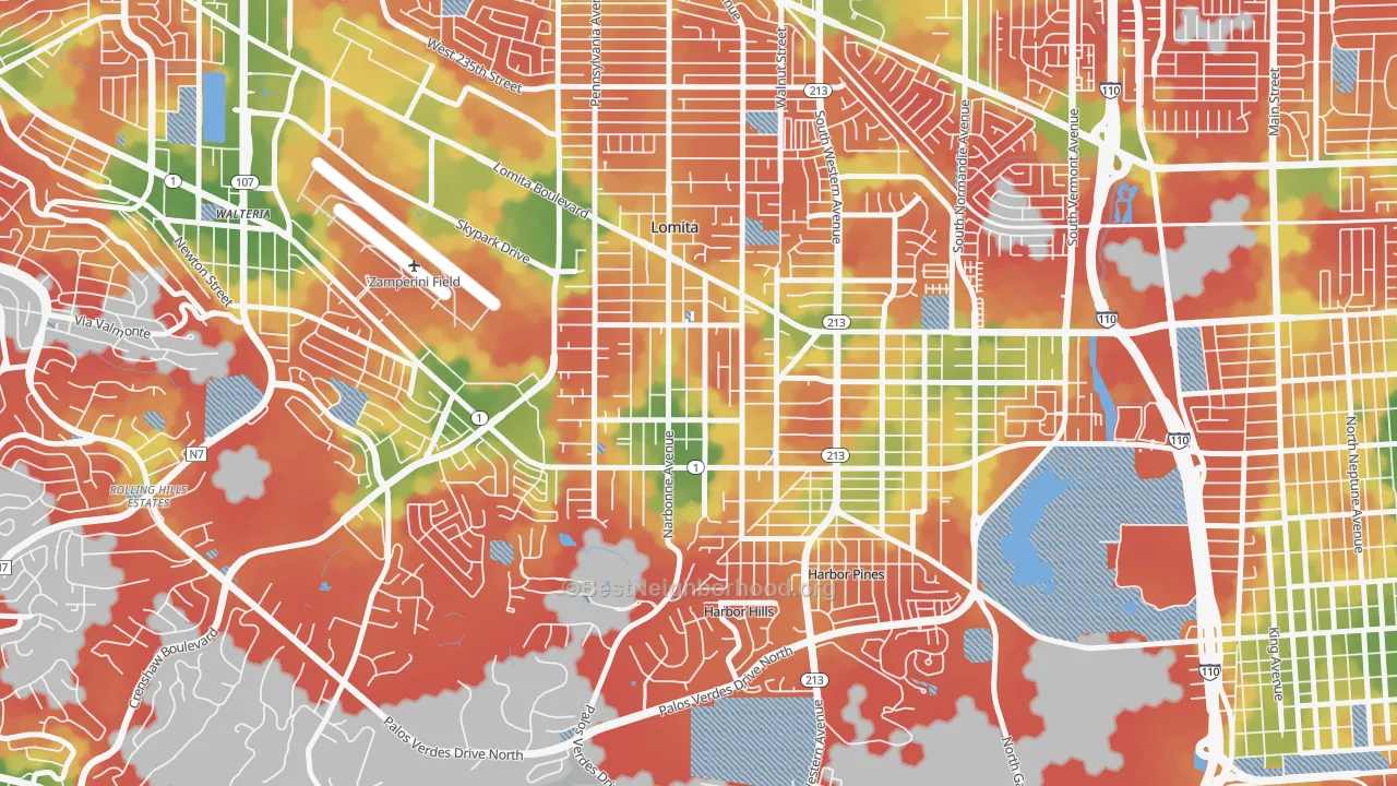 Walk Grade map of 90717, CA, walkable areas in green and car-dependent areas in red