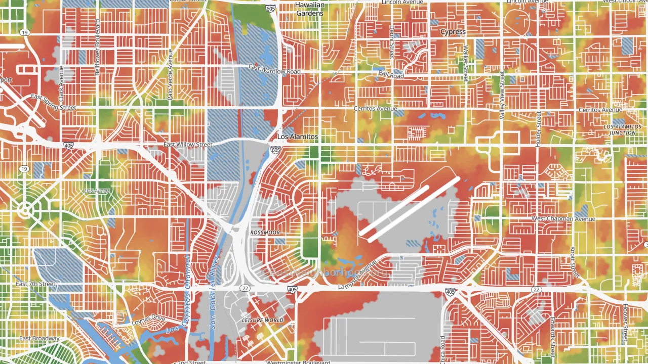 Walk Grade map of 90720, CA, walkable areas in green and car-dependent areas in red