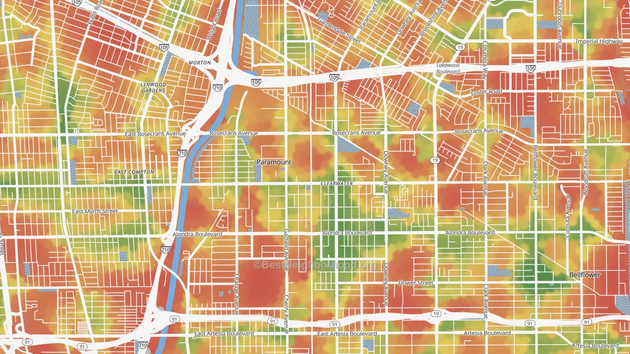 Walk Grade map of 90723, CA, walkable areas in green and car-dependent areas in red