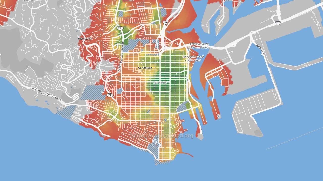 Walk Grade map of 90731, CA, walkable areas in green and car-dependent areas in red