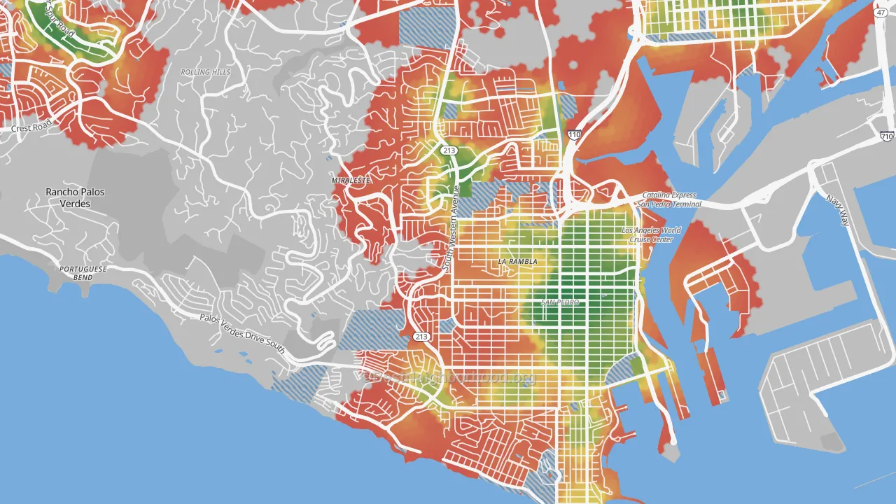 Walk Grade map of 90732, CA, walkable areas in green and car-dependent areas in red