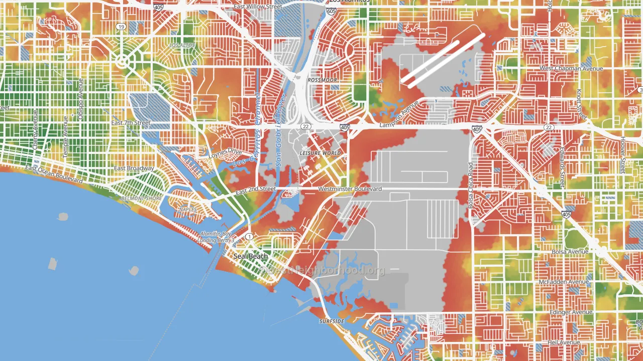 Walk Grade map of 90740, CA, walkable areas in green and car-dependent areas in red