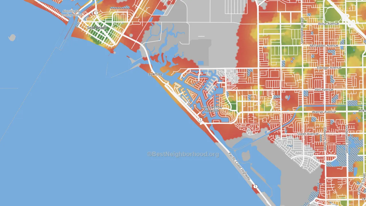 Walk Grade map of 90742, CA, walkable areas in green and car-dependent areas in red