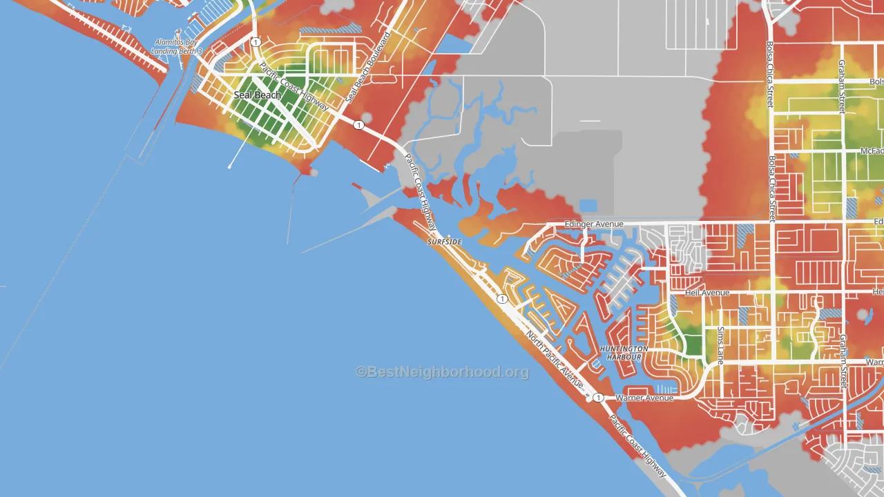 Walk Grade map of 90743, CA, walkable areas in green and car-dependent areas in red