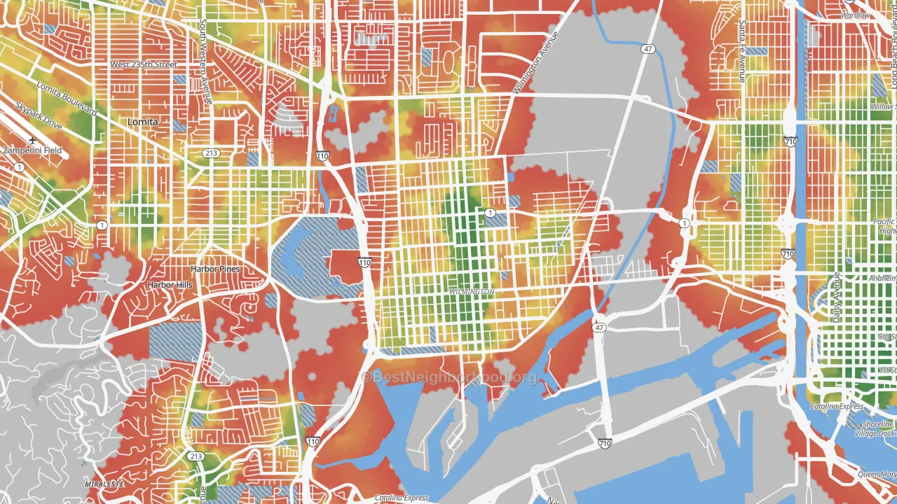 Walk Grade map of 90744, CA, walkable areas in green and car-dependent areas in red