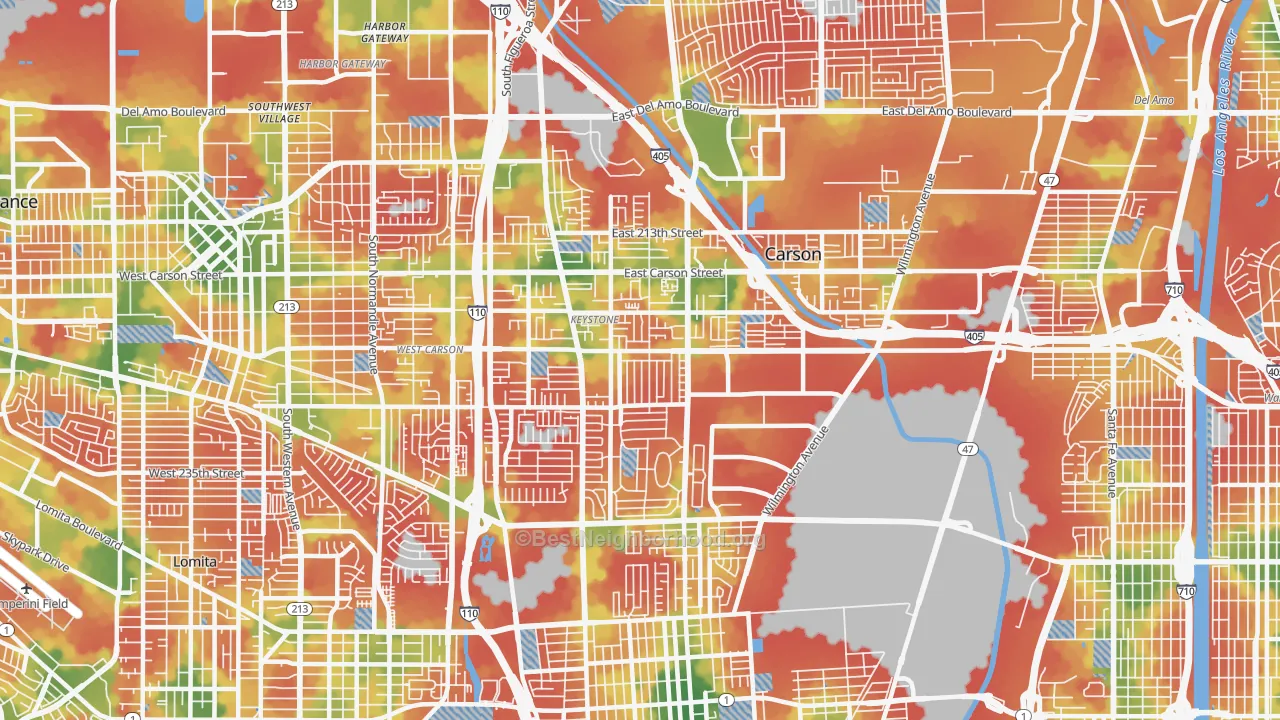 Walk Grade map of 90745, CA, walkable areas in green and car-dependent areas in red