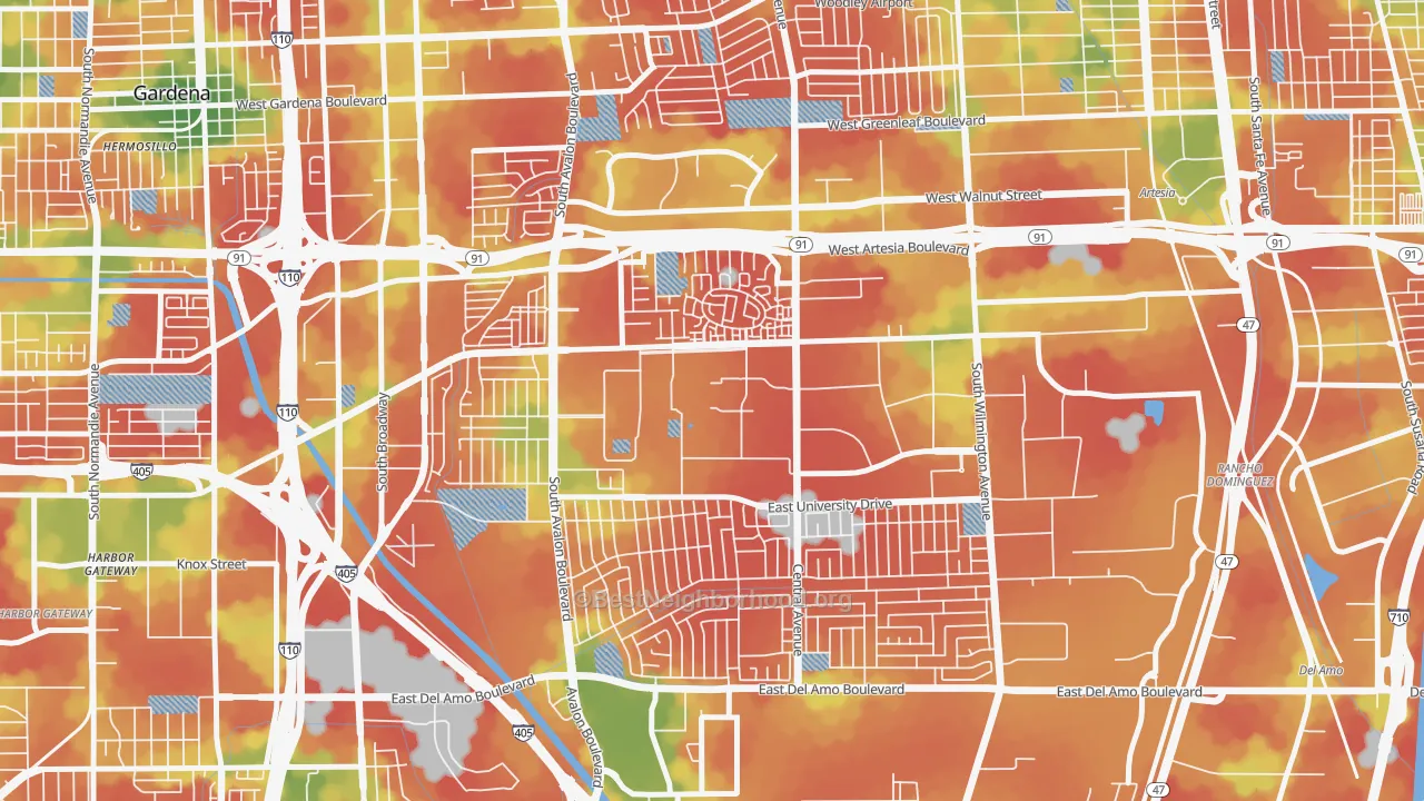 Walk Grade map of 90747, CA, walkable areas in green and car-dependent areas in red