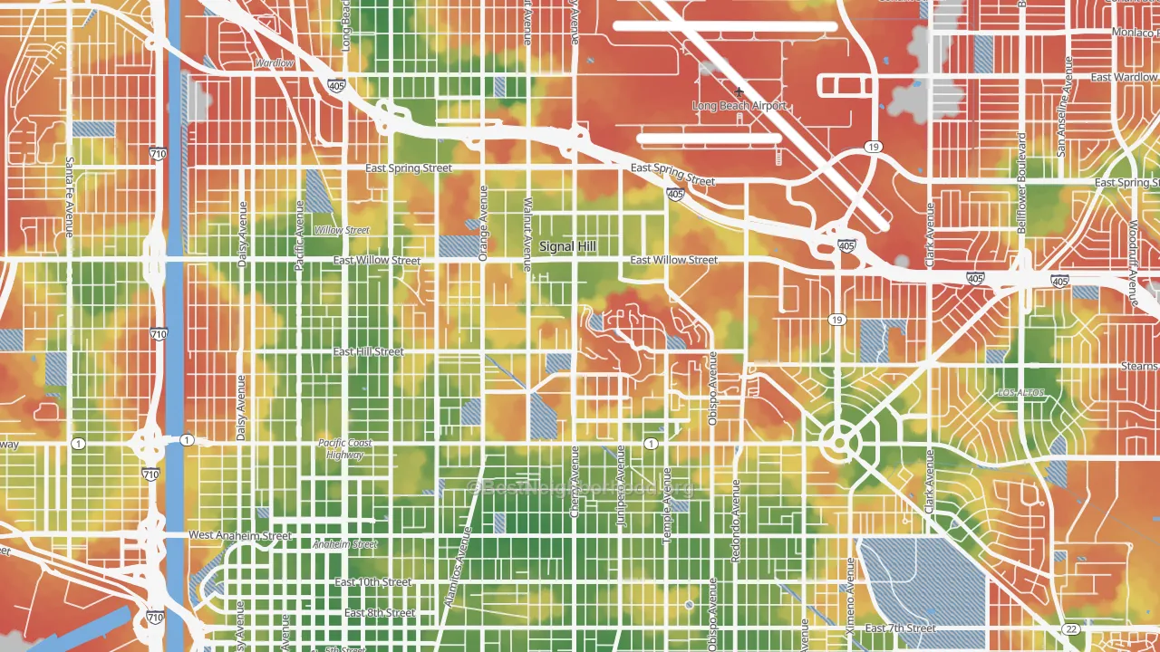 Walk Grade map of 90755, CA, walkable areas in green and car-dependent areas in red
