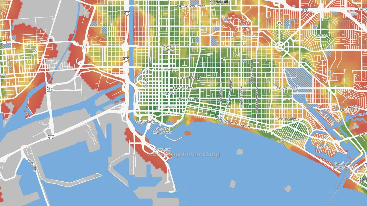 Walk Grade map of 90802, CA, walkable areas in green and car-dependent areas in red