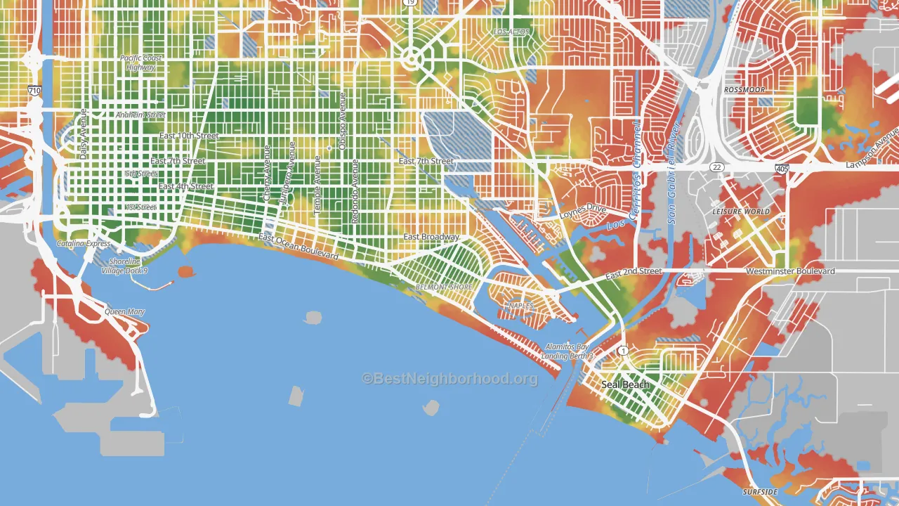 Walk Grade map of 90803, CA, walkable areas in green and car-dependent areas in red