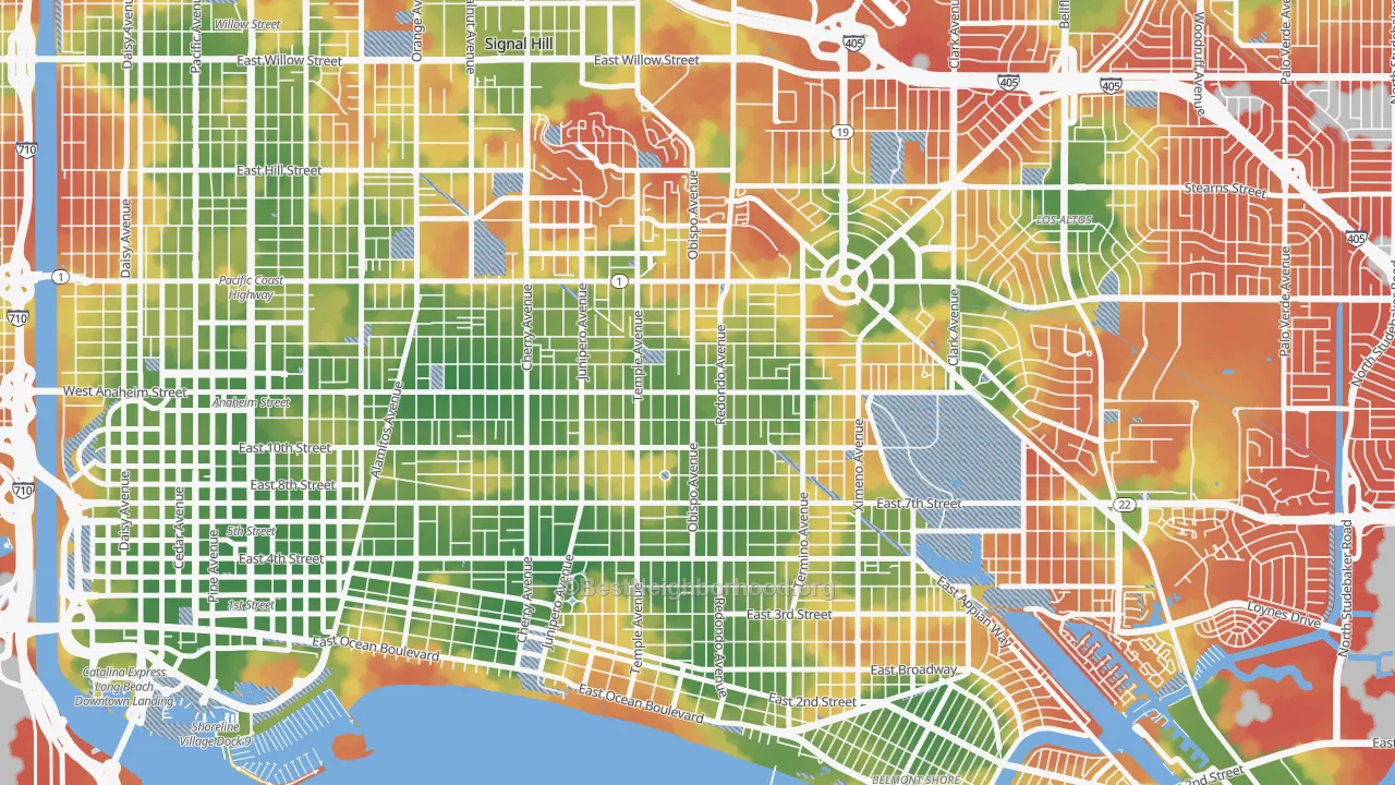Walk Grade map of 90804, CA, walkable areas in green and car-dependent areas in red