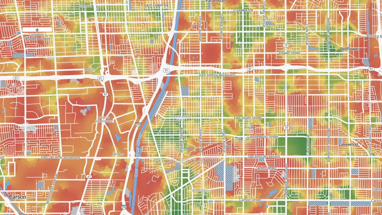 Walk Grade map of 90805, CA, walkable areas in green and car-dependent areas in red