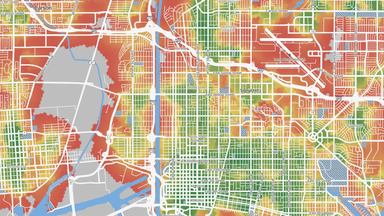 Walk Grade map of 90806, CA, walkable areas in green and car-dependent areas in red