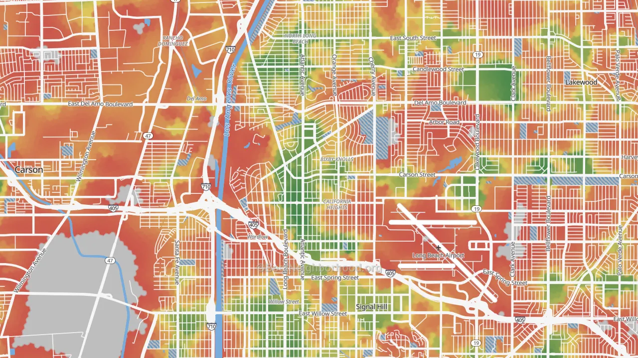Walk Grade map of 90807, CA, walkable areas in green and car-dependent areas in red